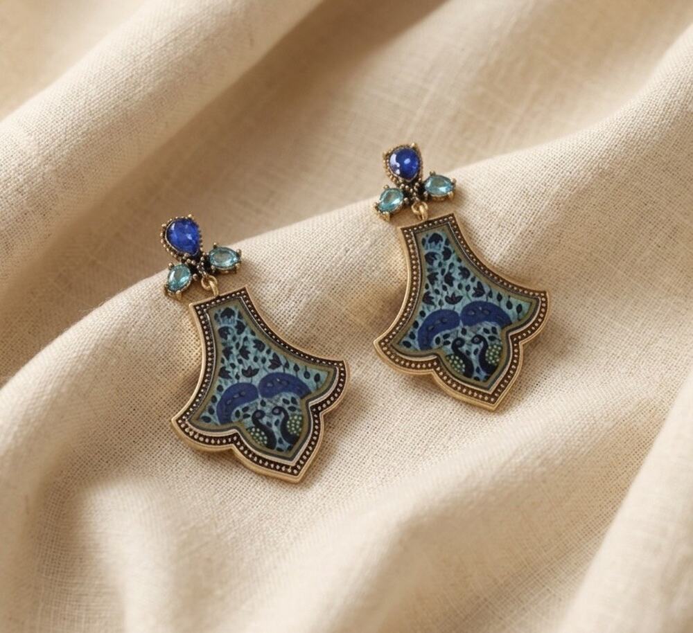 Bird Earrings Fleur De Lis Tile Peacock Flower VTG Gold Palace Court Antique CZ